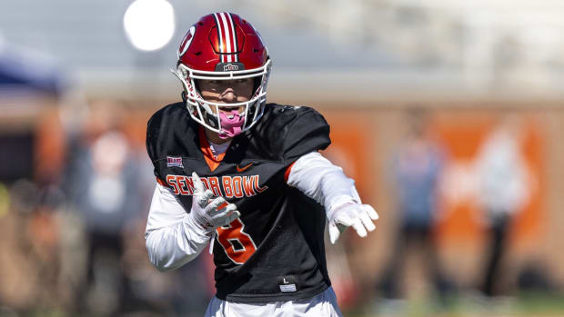 Jan 31, 2024; Mobile, AL, USA; National defensive back Cole Bishop of Utah (8) sets a defensive play during practice for the National team at Hancock Whitney Stadium.